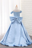 Satin A Line Off The Shoulder Asymmetrical Flower Girl Dresses With Bow Knot