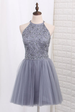 A Line Homecoming Dresses Halter Tulle Beaded Bodice Short/Mini