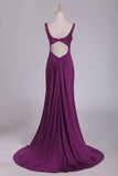 Grape Prom Dresses Straps Open Back Spandex With Ruffles Sweep Train