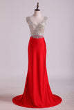 V Neck Beaded Bodice Open Back Prom Dresses Column Spandex Sweep Train