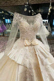 Satin Wedding Dresses Long Sleeves A Line With Beads Rhinestones Bow Knot