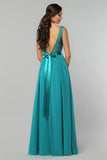 A Line Chiffon V Neck Bridesmaid Dresses With Sash Floor Length