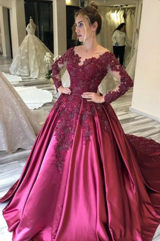 Prom Dress With Long Sleeves And Floral Embroidery Burgundy Colored Court SJSPJ8SLMB9