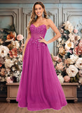 Samantha Ball-Gown/Princess V-Neck Floor-Length Tulle Prom Dresses With Sequins Appliques Lace JLP0025837