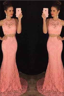 Two Piece Lace Mermaid Peach Long Sexy Sleeveless Prom Dresses JS962