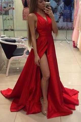 Red Off-the-Shoulder Long V-Neck Slit Sleeveless Simple Elegant Prom Dresses JS832