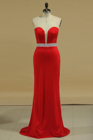 Sheath Prom Dresses Sweetheart Beaded Waistline Spandex Sweep Train