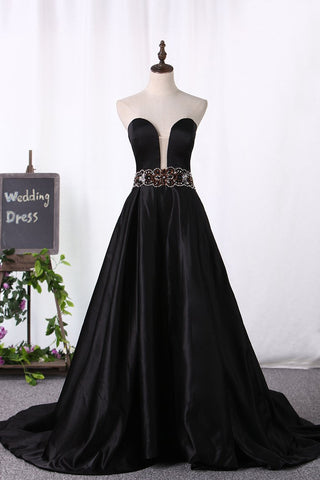 Prom Dresses Sweetheart Satin With Beads Sweep Train A Line