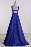 Evening Dresses A Line V Neck Satin Sweep Train Open Back