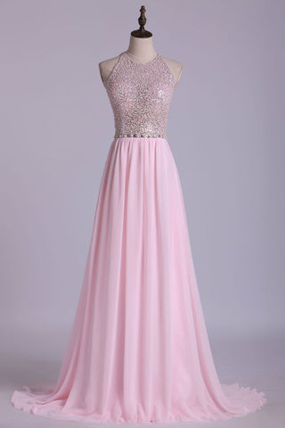 Heavily Beaded Bodice Scoop A Line Prom Dresses Chiffon Open Back