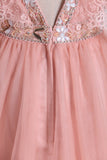 Straps With Beads A Line Prom Dresses Tulle & Lace Open Back