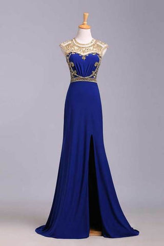 Scoop Neckline Column Beaded Bodice Prom Dresses With Court Train & Slit