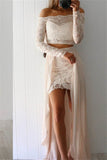 Lace & Chiffon Prom Dresses Boat Neck Long Sleeves Zipper Up Sheath