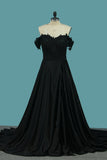 Off The Shoulder Stretch Satin Prom Dresses A Line With Applique And Slit