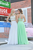 Scoop Prom Dresses A Line Beaded Bodice Chiffon Sweep Train