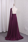 One Shoulder A Line Chiffon Prom Dresses With Ruffles Sweep Train