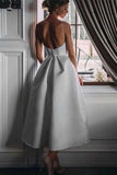 Unique Tea Length Satin Party Dress Spaghetti Straps Backless Prom Dress