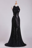 Column Prom Dresses Scoop Floor Length Sequined Bodice Open Back