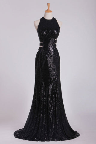 Column Prom Dresses Scoop Floor Length Sequined Bodice Open Back