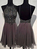 A-line Round Neck Chiffon Beaded Grey Backless Homecoming Dress JS535