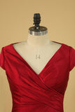 Satin V Neck Bridesmaid Dresses Cap Sleeves Knee Length Sheath