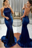 Sexy Prom Dresses Mermaid Halter Lace Up Open Back With Sequins