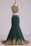 Dark Green Mermaid Two-Piece Prom Dresses Scoop Sweep/Brush Chiffon With Gold Applique