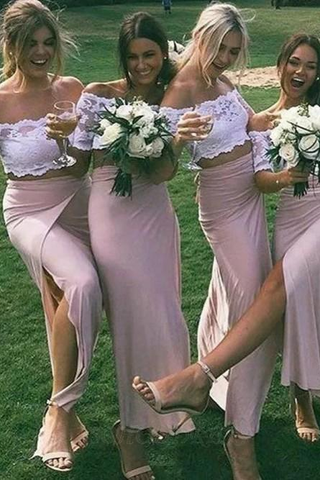 Chic Pink Short Sleeve Lace Side Slit Off the Shoulder Two Piece Bridesmaid Dresses JS958