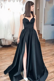 Black Spaghetti Straps Split Long Satin Prom Dress A Line Simple Long Formal SJSP5G4JRHJ