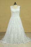 Plus Size A Line V Neck Wedding Dresses Tulle With Applique Court Train