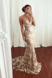 Sexy Mermaid V Neck Lace Appliques Long Prom Dresses Spaghetti Straps Formal SJSPJE6FLPT