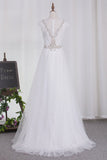 Wedding Dresses Tulle Scoop A Line With Applique And Beads Sweep Train