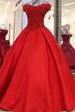 Red Prom Dresses A-Line Off-The-Shoulder Satin With Beading Lace Up Back