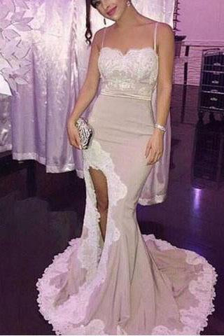 Spaghetti White Lace Sexy Mermaid Side Slit Popular Cheap Prom Dresses Bridesmaid Dress JS688