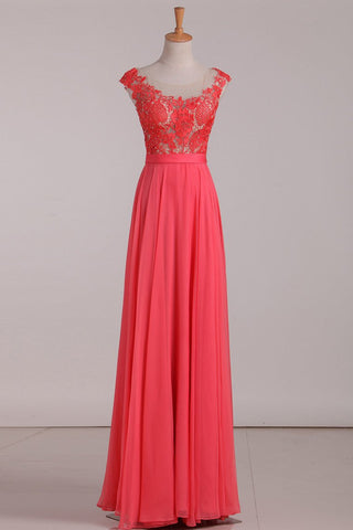 Chiffon & Lace Scoop Prom Dresses A Line With Beading Floor Length