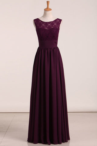 A Line Scoop Lace Bodice Chiffon Floor Length Prom Dress