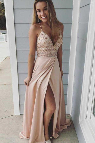 Modest Spaghetti Straps Long V-Neck Open Back Pink Beading Prom Dresses