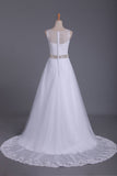 A Line Scoop Tulle Wedding Dresses With Applique And Beads