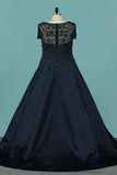 Short Sleeves Beaded Bodice Prom Dresses A Line Satin