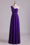 Evening Dress One Shoulder Pleated Bodice Lace Back A Line Full Length Chiffon