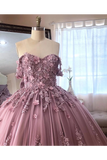 Ball Gown Off The Shoulder Tulle Quinceanera Dress With Lace Appliques Puffy Prom SJSP3HM7KB3