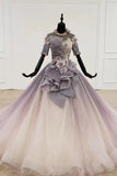 Sparkly Ball Gown Ombre Half Sleeves Jewel Long Prom Dresses, Beads Quinceanera Dresses SJS15601