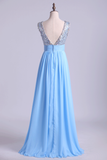 Floor Length Scoop V Back A Line Chiffon Prom Dresses Beaded&Ruffled