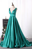 V Neck Evening Dresses A Line Satin Sweep Train Open Back