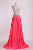 V Neck Beaded Bodice Prom Dresses A Line Sweep Train Chiffon&Tulle