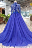 Long Sleeves V Neck Prom Dresses Tulle With Applique A Line Beads