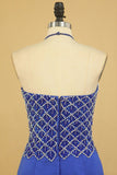 Dark Royal Blue Halter Mermaid Prom Dresses Beaded Bodice Satin Sweep Train