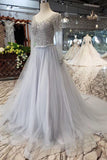 Long Sleeves V Neck Prom Dresses Tulle A Line Sequins