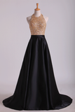 Open Back Halter Prom Dresses Beaded Bodice Satin Sweep Train