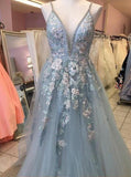 Blue A-line V neck Lace Long Prom Dresses Evening Dresses